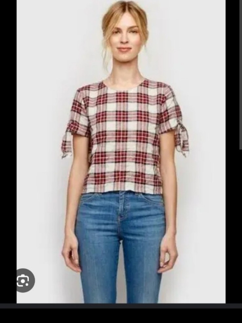 Jenni Kayne Red and White Plaid Tie-Sleeve Blouse